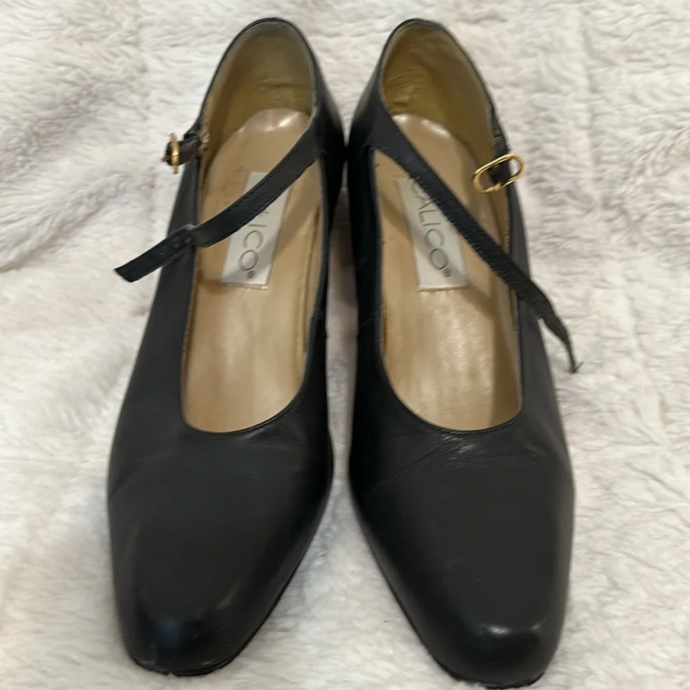 Womens Calico Black Leather Heels 8M - Picture 2 of 5